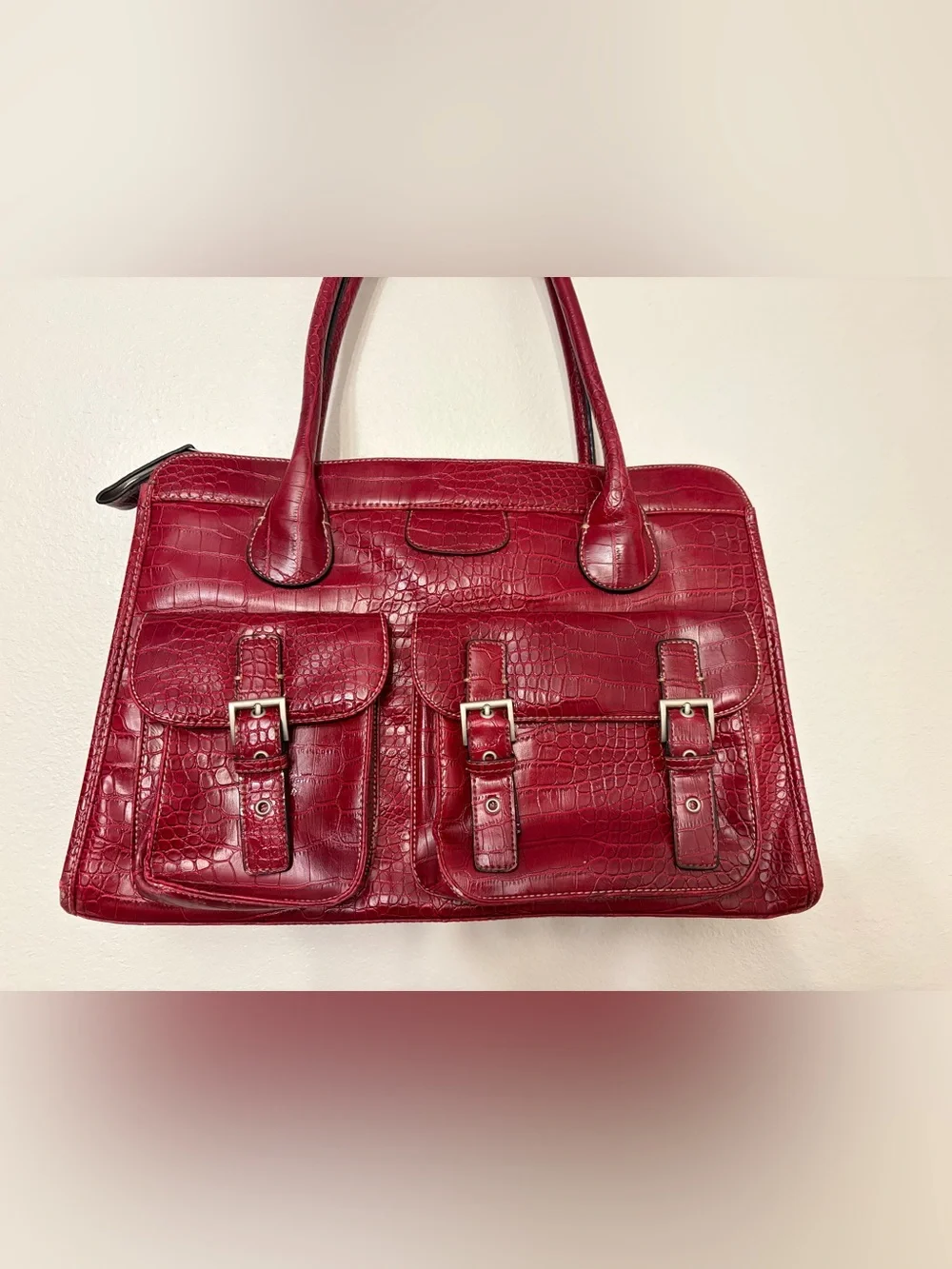 Red Croc Embossed Satchel Handbag 3 Buckle Pockets Structured Tote